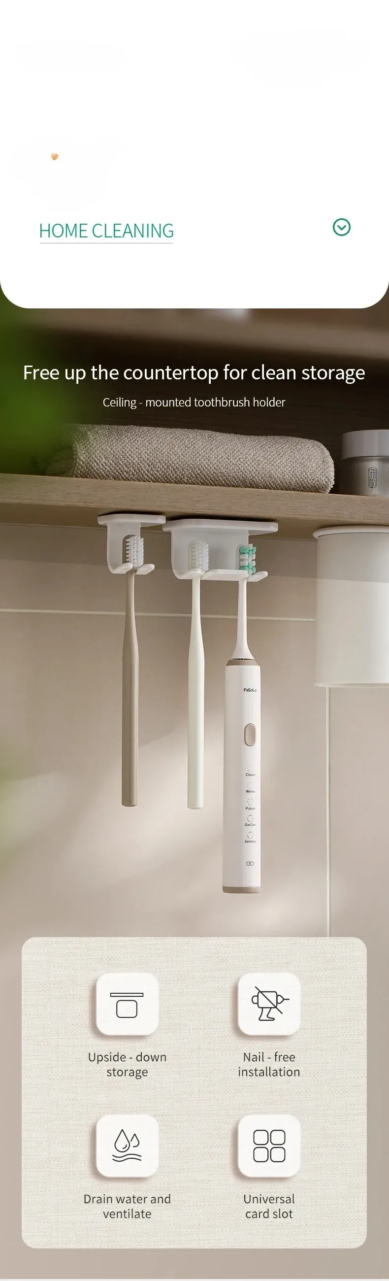 Support de brosse à dents auto-adhésif détachable, vue d'ensemble
