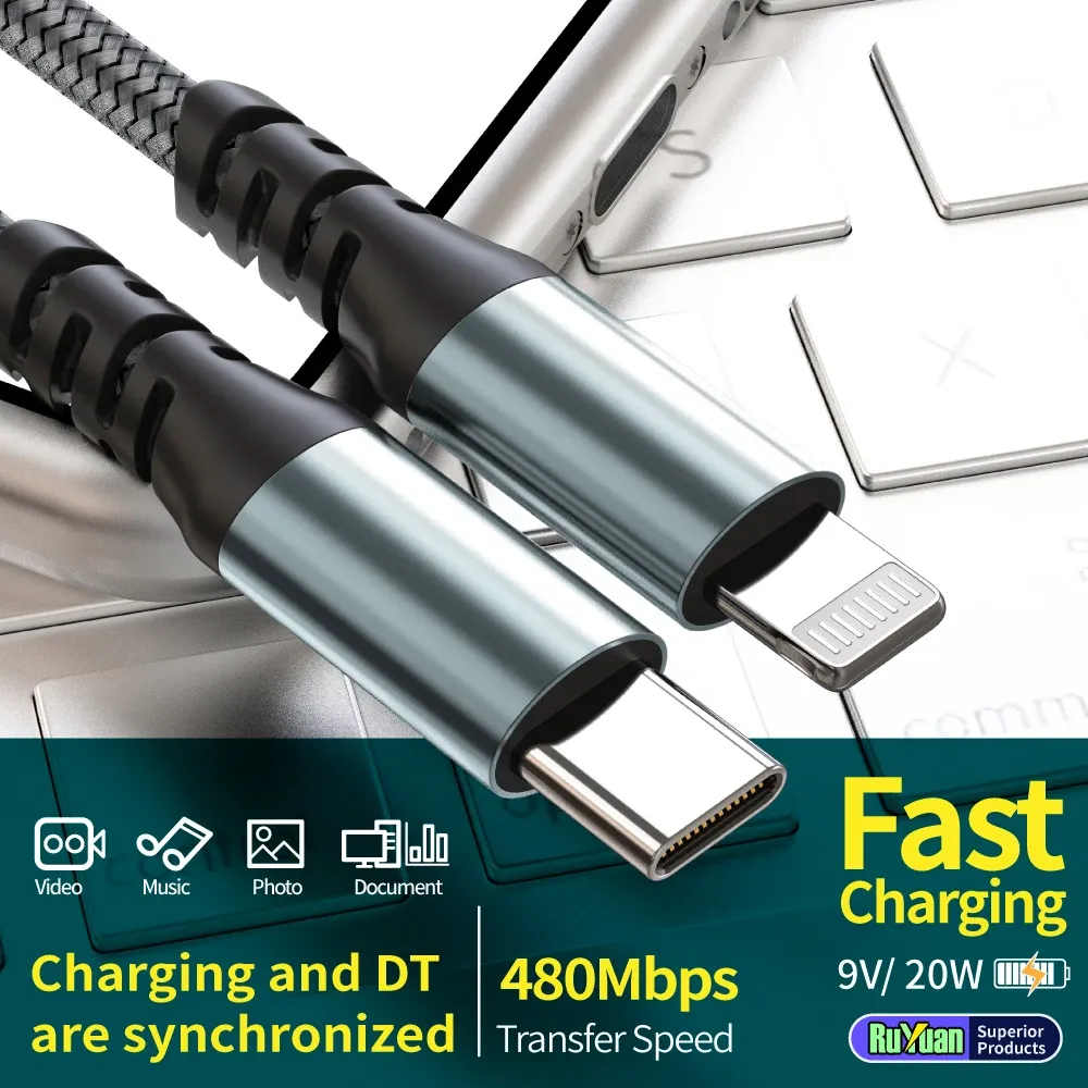Câble USB-C vers Lightning certifié MFi, 20 W, en nylon tressé, charge rapide pour iPhone, iPad et AirPods, 1 m 2