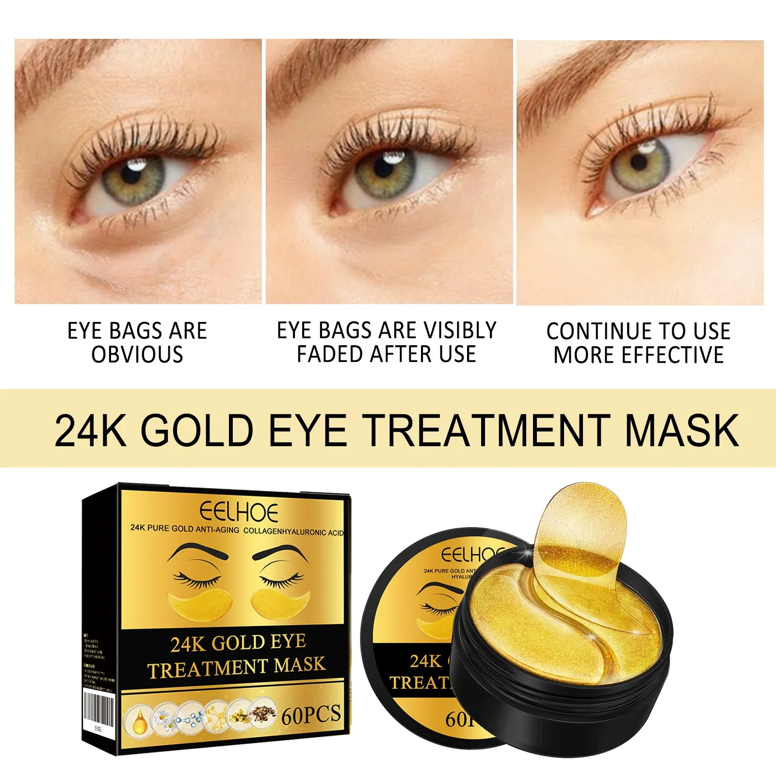 EELHOE Patchs yeux à l'or 24 carats, 60 pièces, masque pour les yeux anti-âge au collagène et à l'acide hyaluronique 6