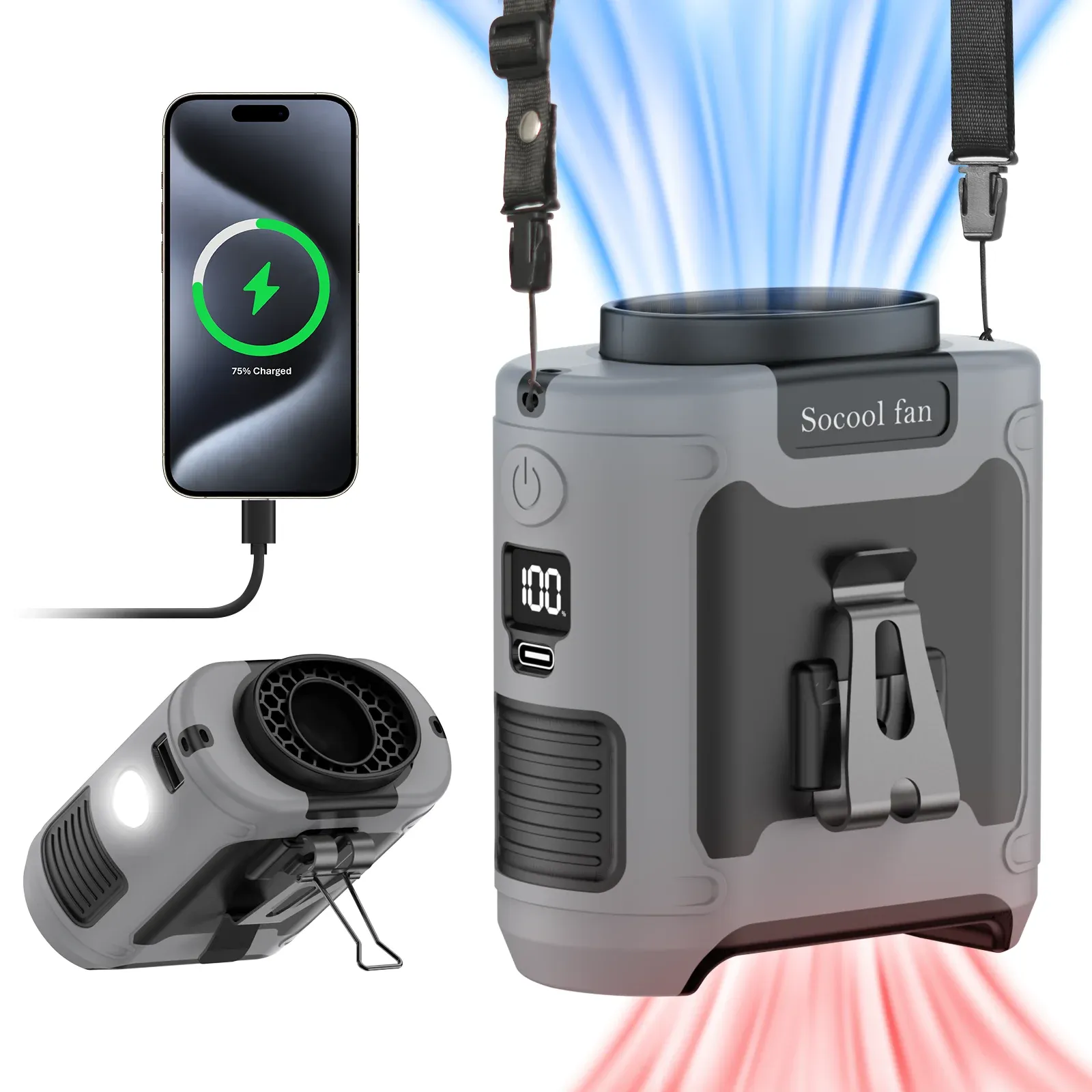 Ventilateur Portable Socool 10000 mAh, Puissant, avec Batterie Externe, Éclairage LED et Support Cou pour Usage en Extérieur - Image 1