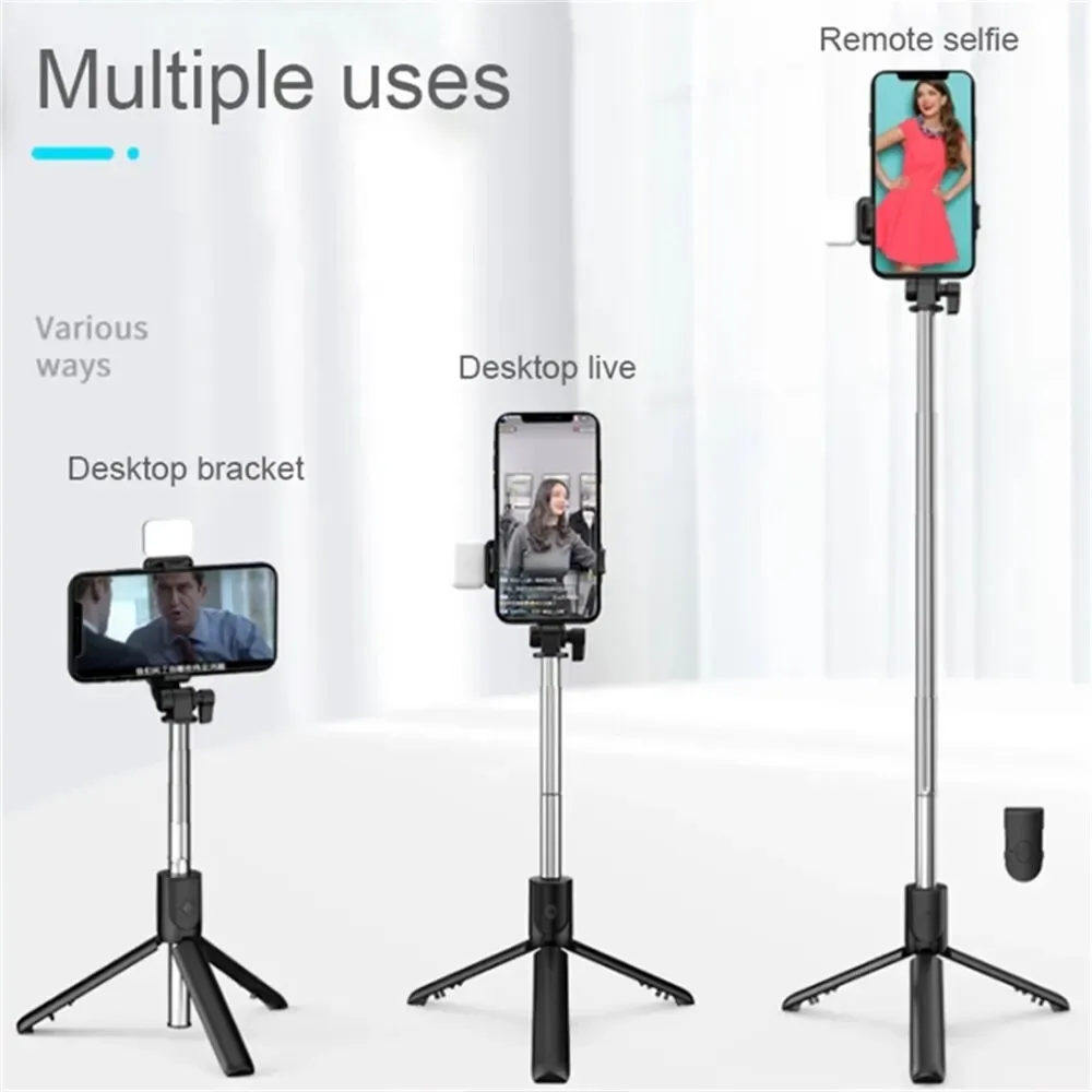 Trépied portable Bluetooth pour perche à selfie avec déclencheur à distance, lumière d'appoint et support téléphone rétractable 4