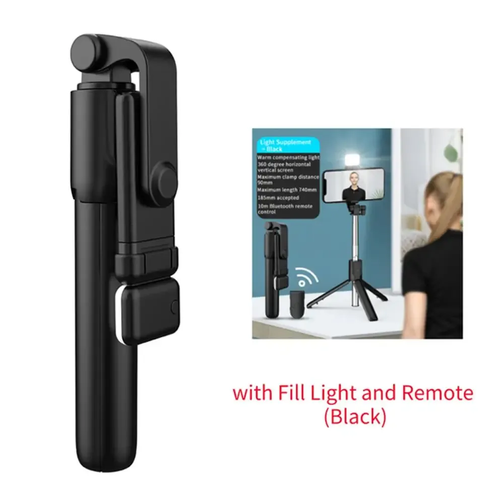 Trépied portable Bluetooth pour perche à selfie avec déclencheur à distance, lumière d'appoint et support téléphone rétractable 9
