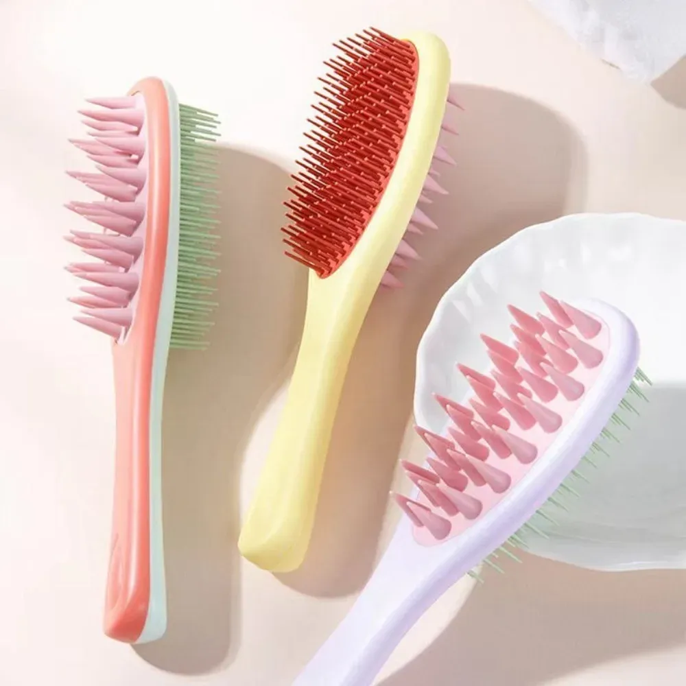 Peigne massant double face 2 en 1, brosse à shampoing en silicone à double rangée de dents, peigne de lavage du cuir chevelu à long manche pour soins capillaires 4