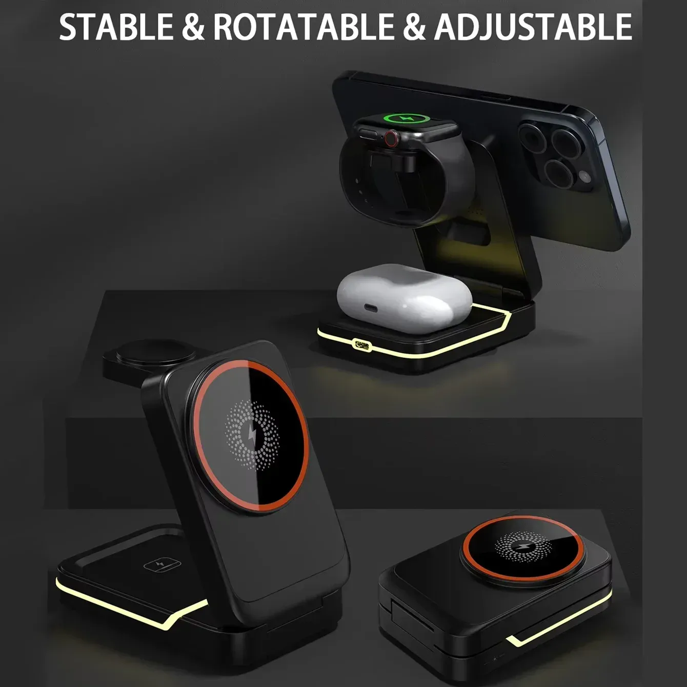 Support de chargeur sans fil magnétique pliable 3 en 1 pour iPhone 16, 15, 14, 13, 12 Pro compatible MagSafe, Apple Watch Series 2 à 9 et SE, AirPods Pro 2