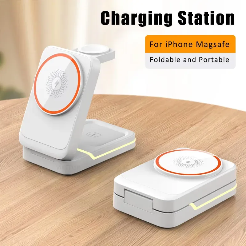 Support de chargeur sans fil magnétique pliable 3 en 1 pour iPhone 16, 15, 14, 13, 12 Pro compatible MagSafe, Apple Watch Series 2 à 9 et SE, AirPods Pro
