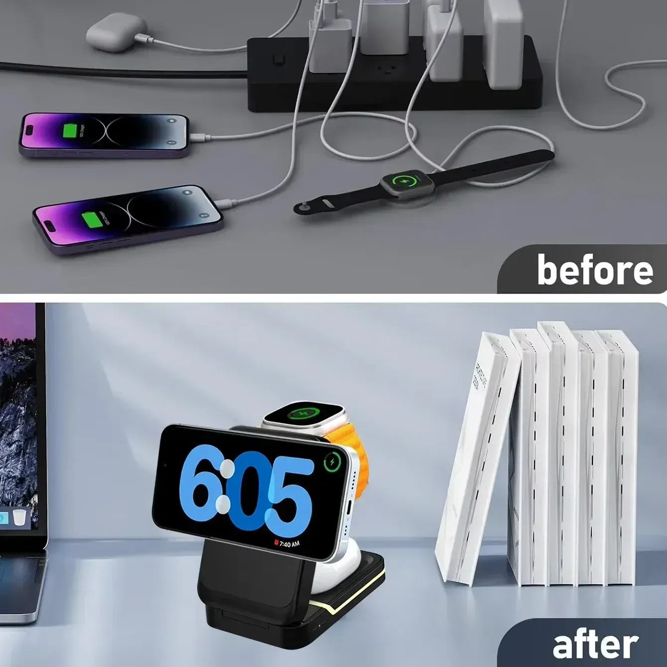 Support de chargeur sans fil magnétique pliable 3 en 1 pour iPhone 16, 15, 14, 13, 12 Pro compatible MagSafe, Apple Watch Series 2 à 9 et SE, AirPods Pro 3