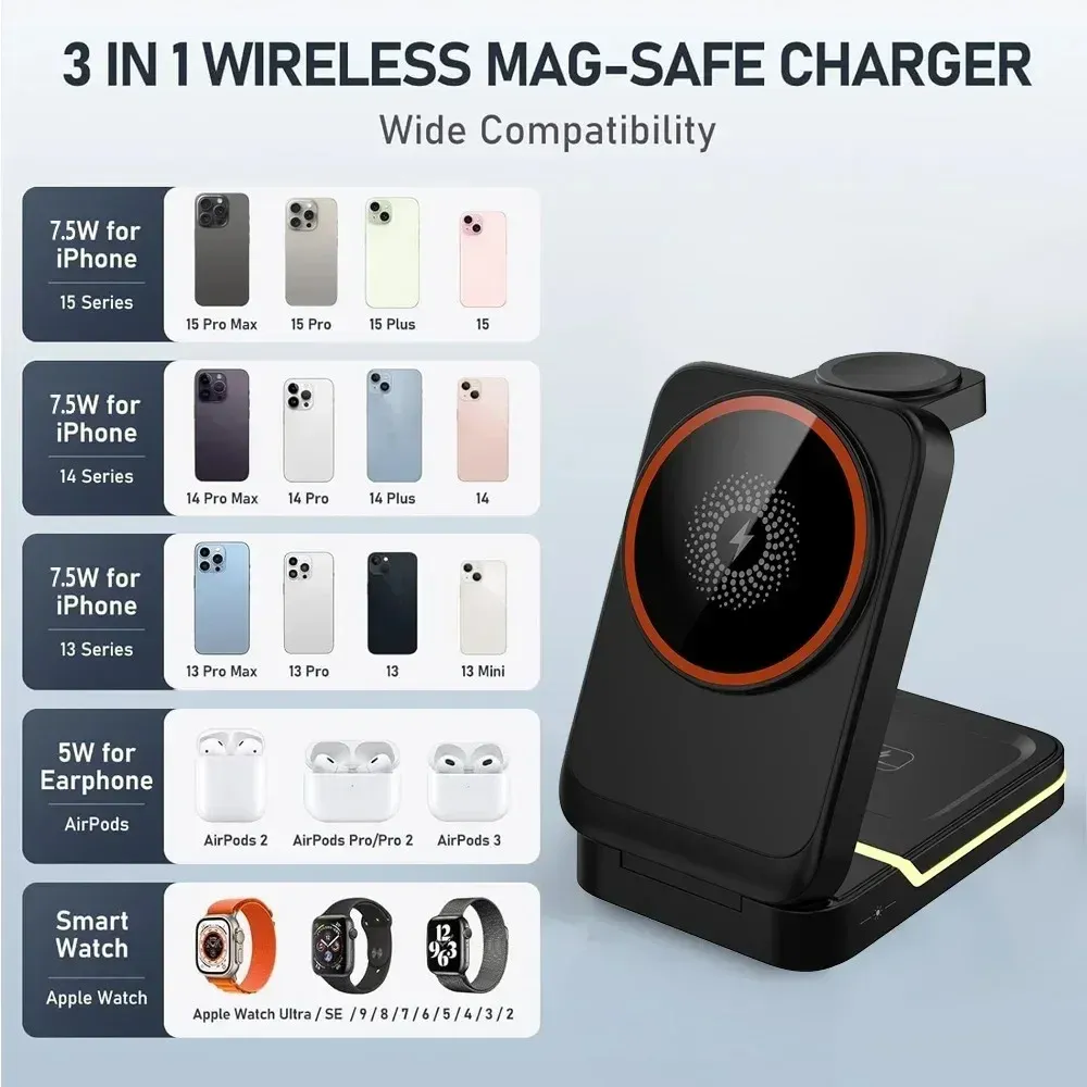 Support de chargeur sans fil pliable magnétique 3 en 1