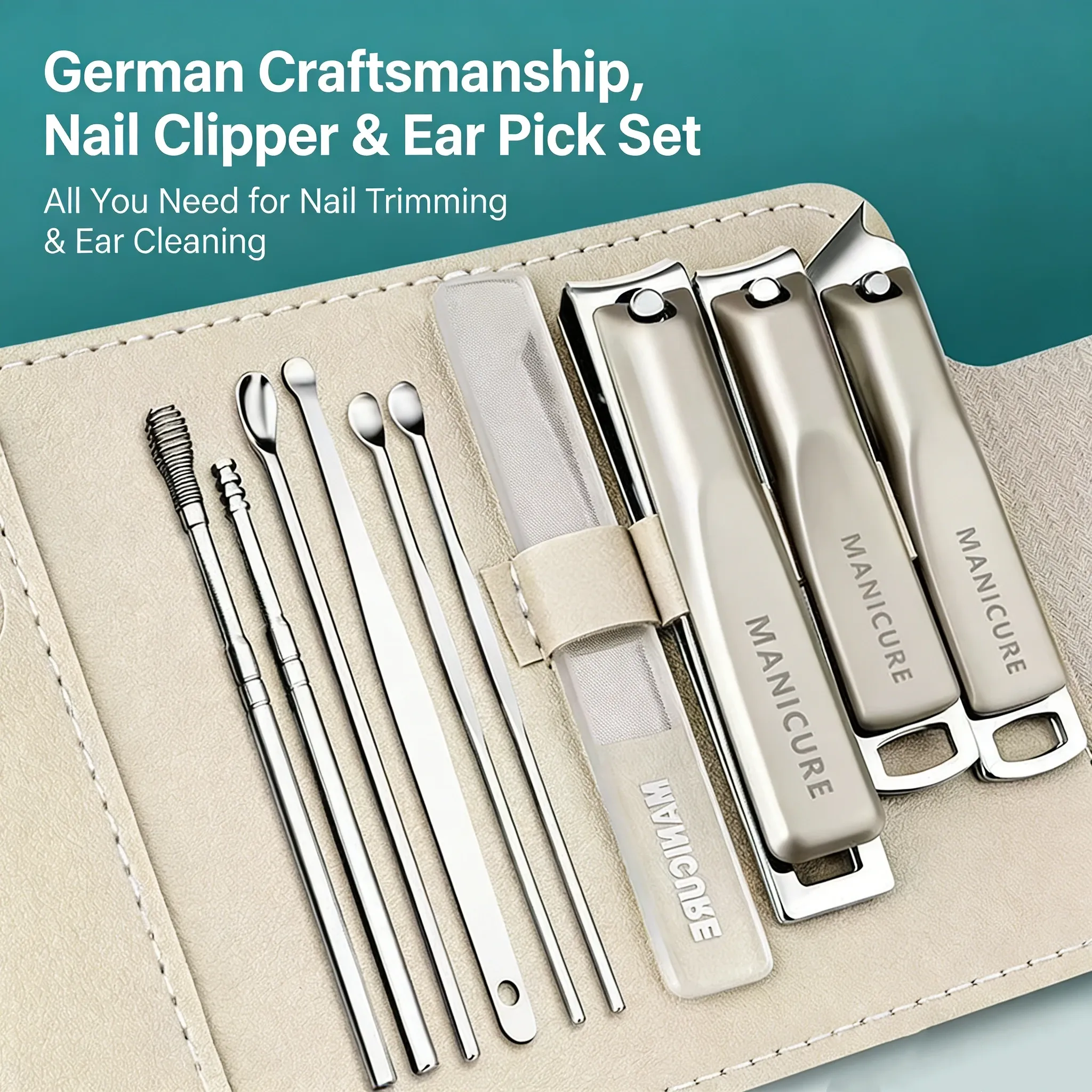 Kit professionnel de manucure et pédicure 5 pièces, comprenant coupe-ongles, lime à ongles et cure-oreille, avec étui de rangement portable 7