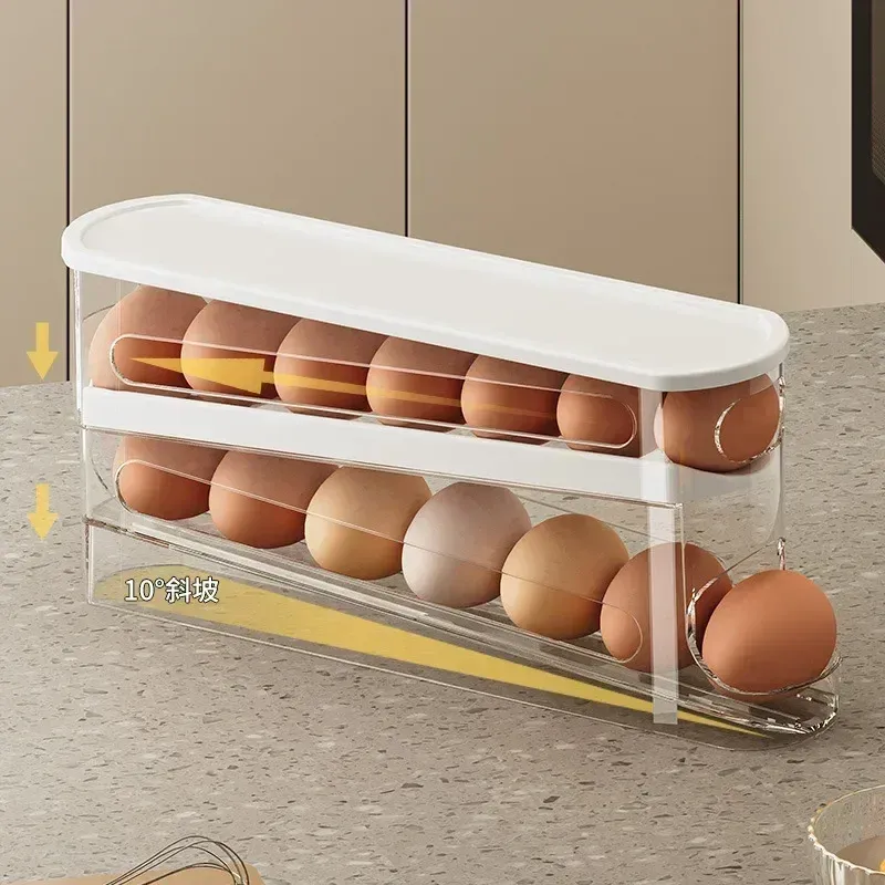 Boîte de rangement à œufs double couche pour réfrigérateur, avec distributeur à défilement automatique 4