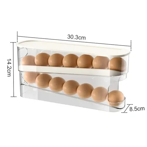 Boîte de rangement à œufs double couche pour réfrigérateur, avec distributeur à défilement automatique 7