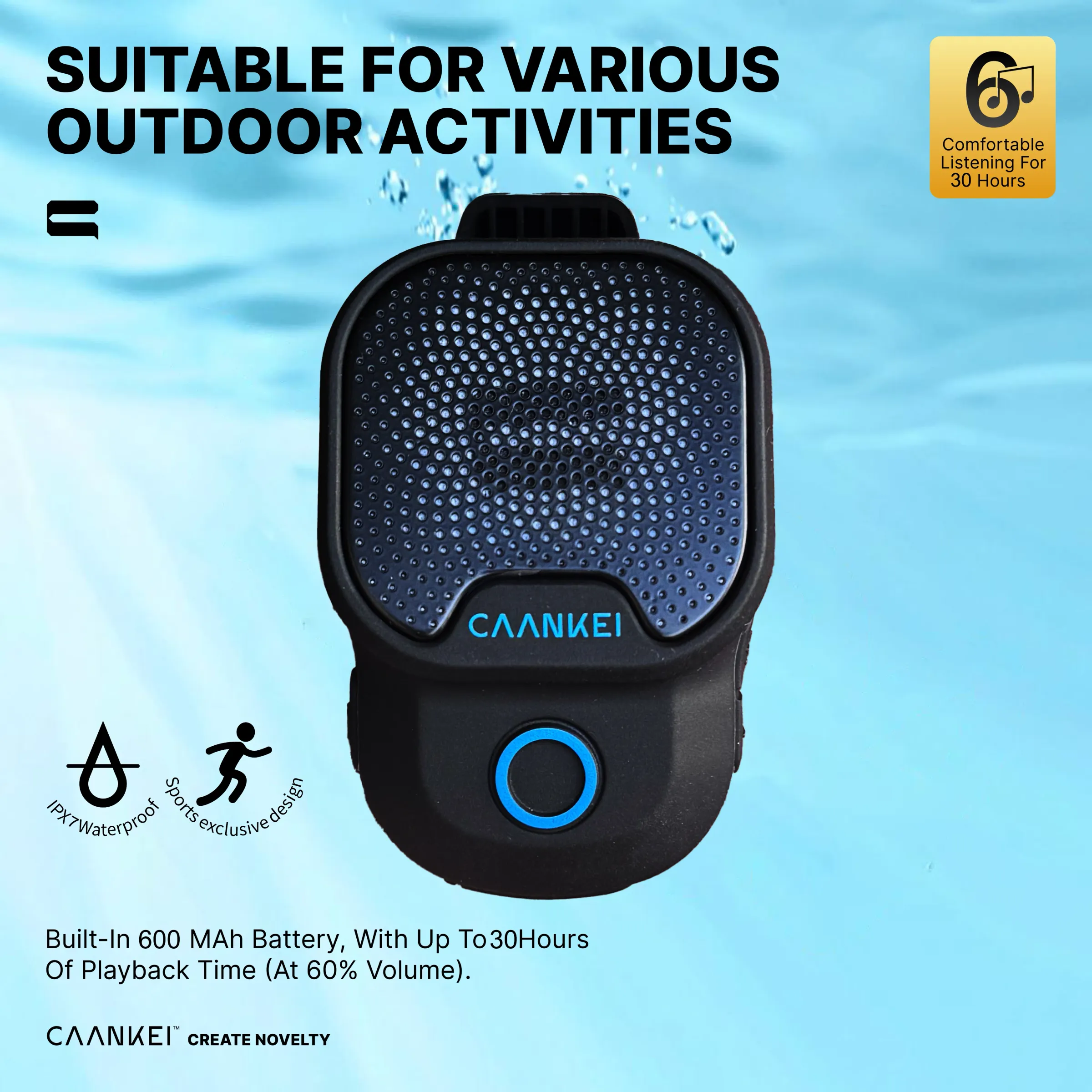 Haut-parleur Bluetooth portable d'extérieur IPX7 étanche avec microphone et fixation par clip, compatible Android et iOS - Image 1
