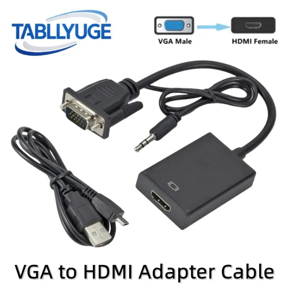 Adaptateur convertisseur VGA vers HDMI avec câble audio-vidéo 3,5 mm pour ordinateur portable et projecteur 1