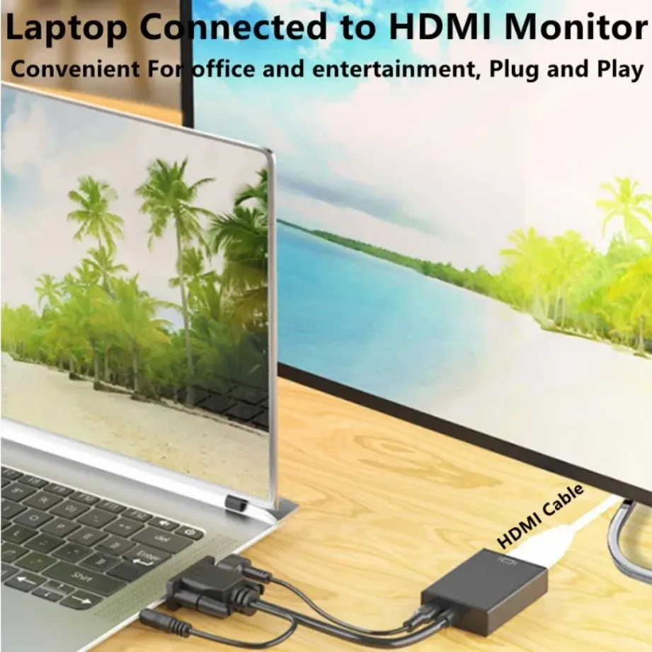 Adaptateur convertisseur VGA vers HDMI avec câble audio-vidéo 3,5 mm pour ordinateur portable et projecteur 4