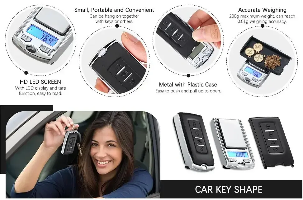Détails de la balance électronique de poche en forme de clé de voiture