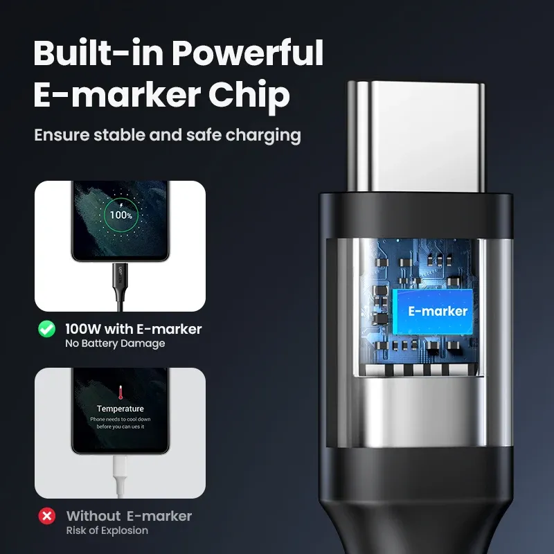 Câble USB-C vers USB-C 100 W PD, charge rapide 5 A avec puce e-Marker, compatible iPhone 17, iPhone 16, iPhone 15, MacBook et Samsung Galaxy S25 5
