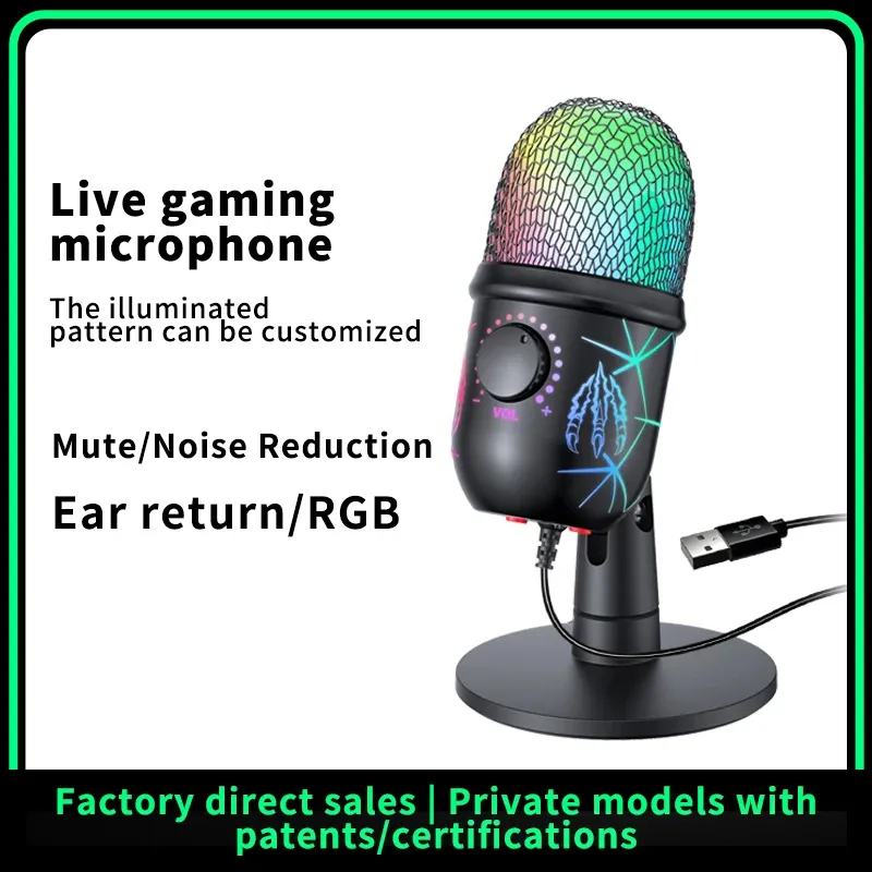 Microphone USB pour PC à condensateur, micro de podcast et de jeu avec prise casque, LED et réduction du bruit pour enregistrement en studio