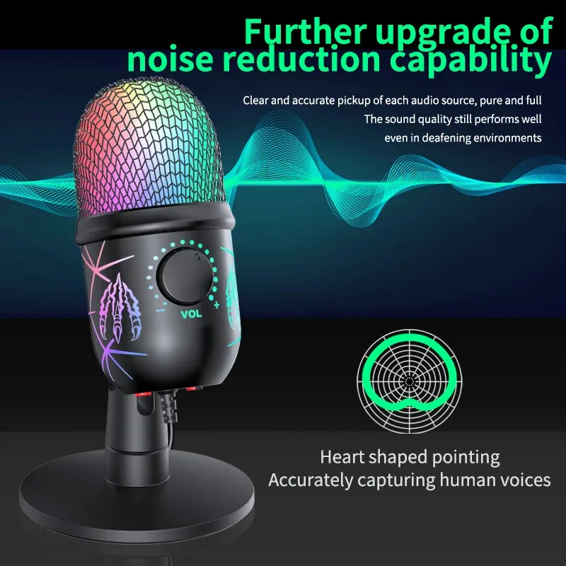 Microphone USB pour PC à condensateur, micro de podcast et de jeu avec prise casque, LED et réduction du bruit pour enregistrement en studio 3