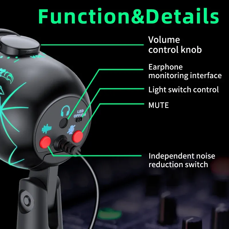Microphone USB pour PC à condensateur, micro de podcast et de jeu avec prise casque, LED et réduction du bruit pour enregistrement en studio 2
