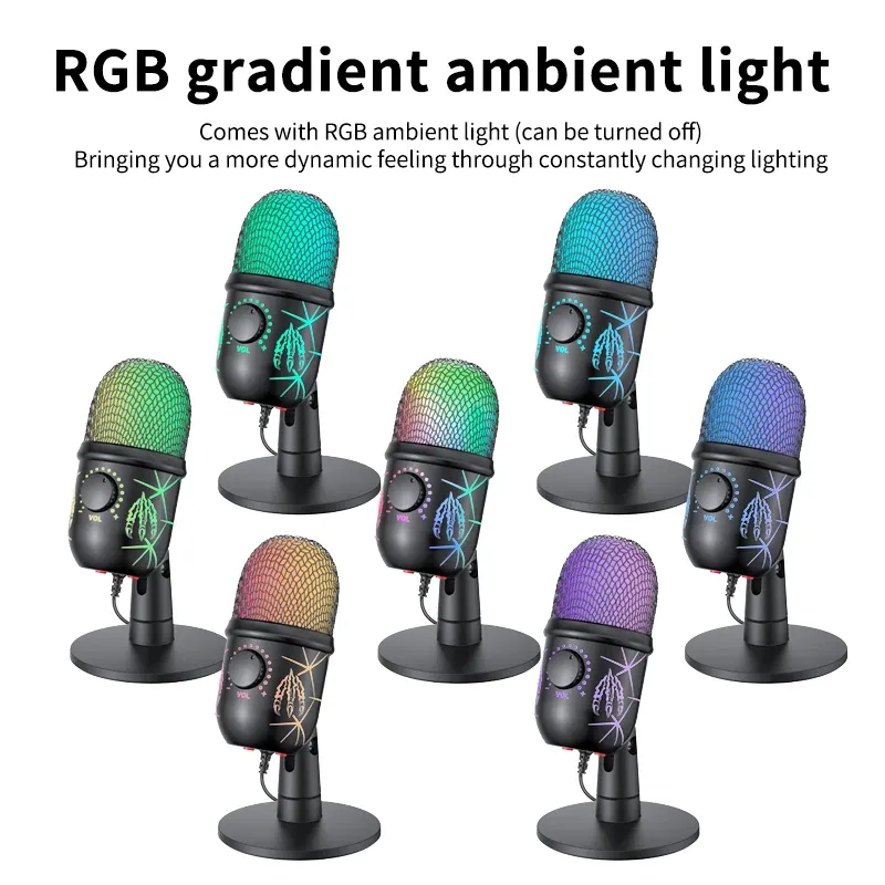 Microphone USB pour PC à condensateur, micro de podcast et de jeu avec prise casque, LED et réduction du bruit pour enregistrement en studio 4