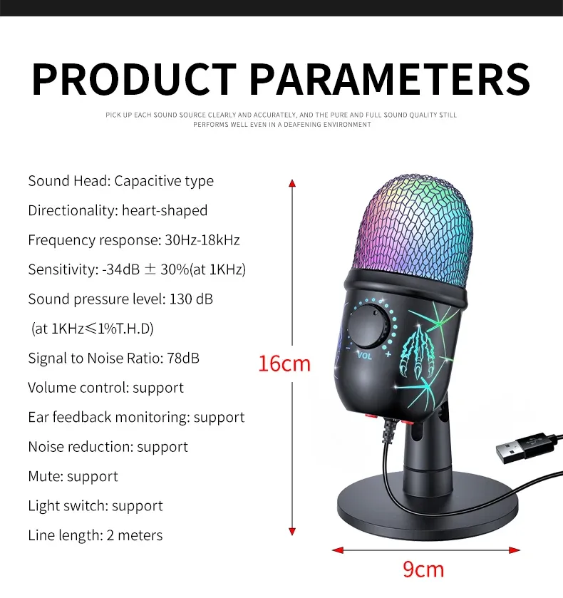 Microphone USB pour PC à condensateur, micro de podcast et de jeu avec prise casque, LED et réduction du bruit pour enregistrement en studio 5