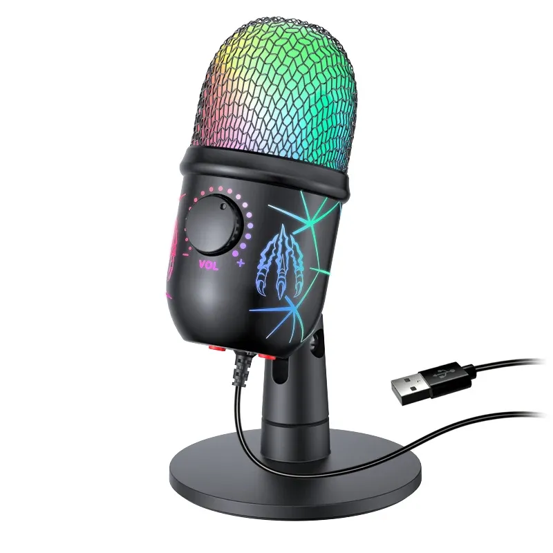 Microphone USB pour PC à condensateur, micro de podcast et de jeu avec prise casque, LED et réduction du bruit pour enregistrement en studio 6