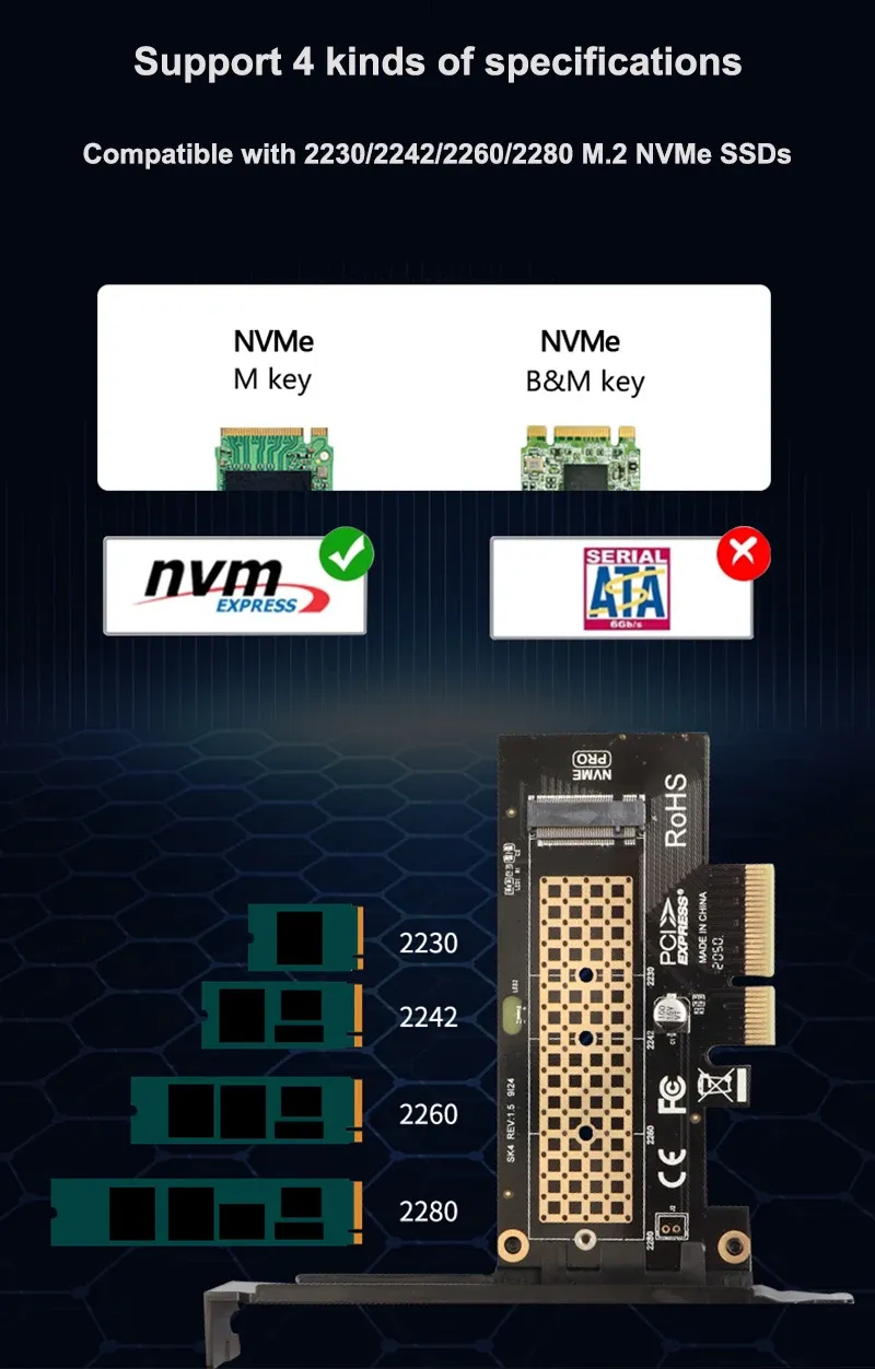 Carte adaptateur PCIe pour SSD NVMe, vue latérale