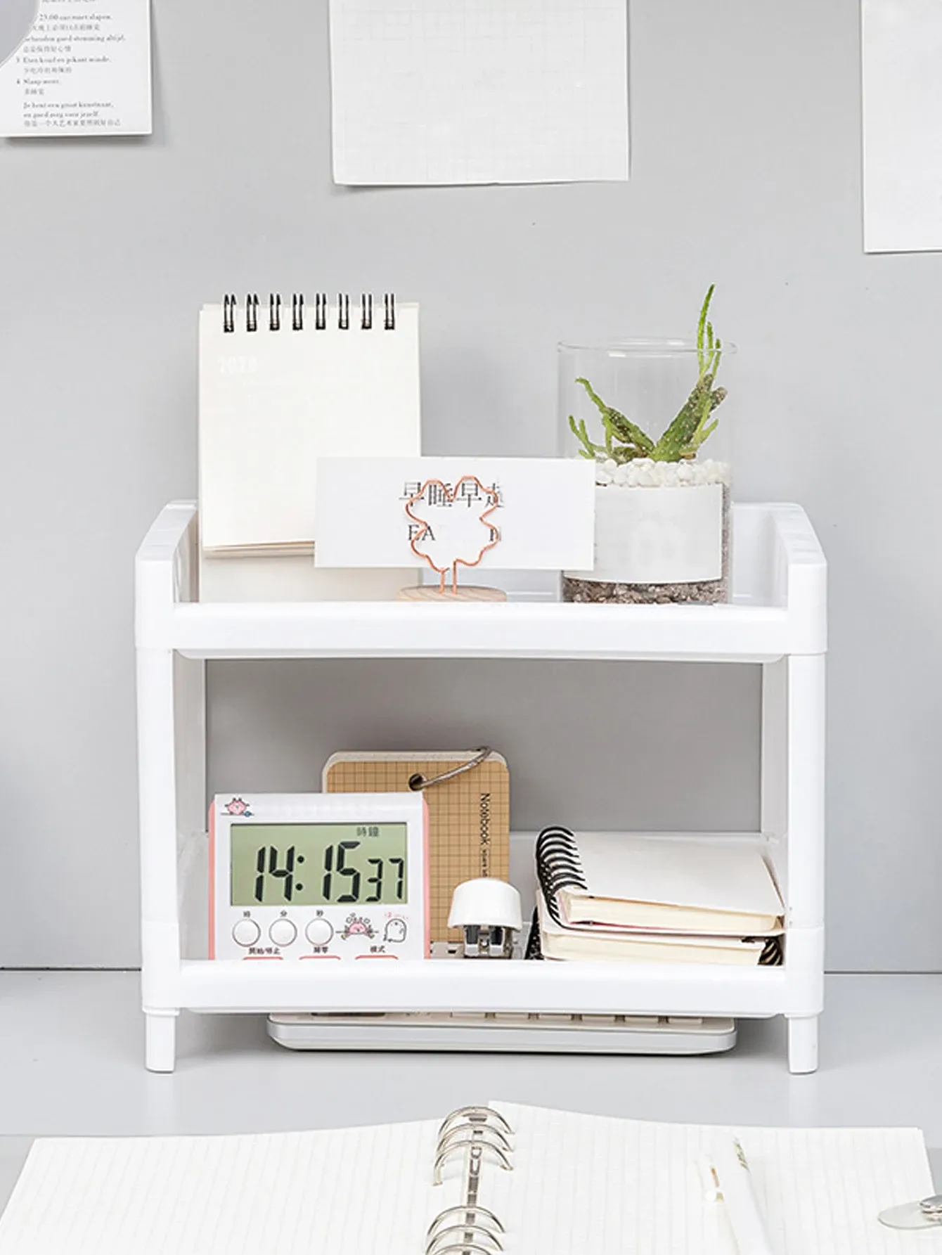 Organisateur de bureau rectangulaire à double niveau en PP, blanc, 1 pièce, pour étudiants, rangement de papeterie et cosmétiques 2