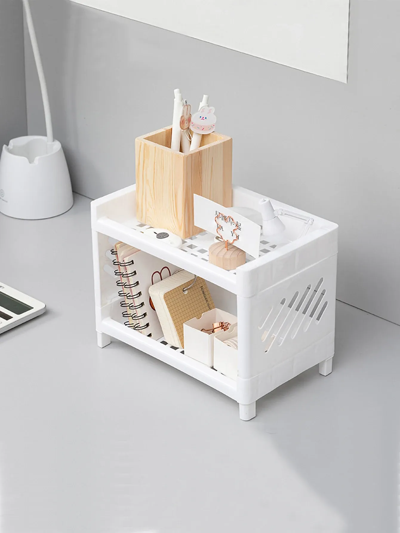 Organisateur de bureau rectangulaire à double niveau en PP, blanc, 1 pièce, pour étudiants, rangement de papeterie et cosmétiques 3