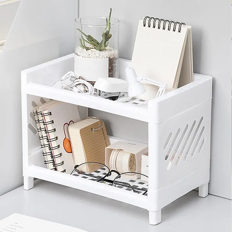 Organisateur de bureau rectangulaire à double niveau en PP, blanc, 1 pièce, pour étudiants, rangement de papeterie et cosmétiques