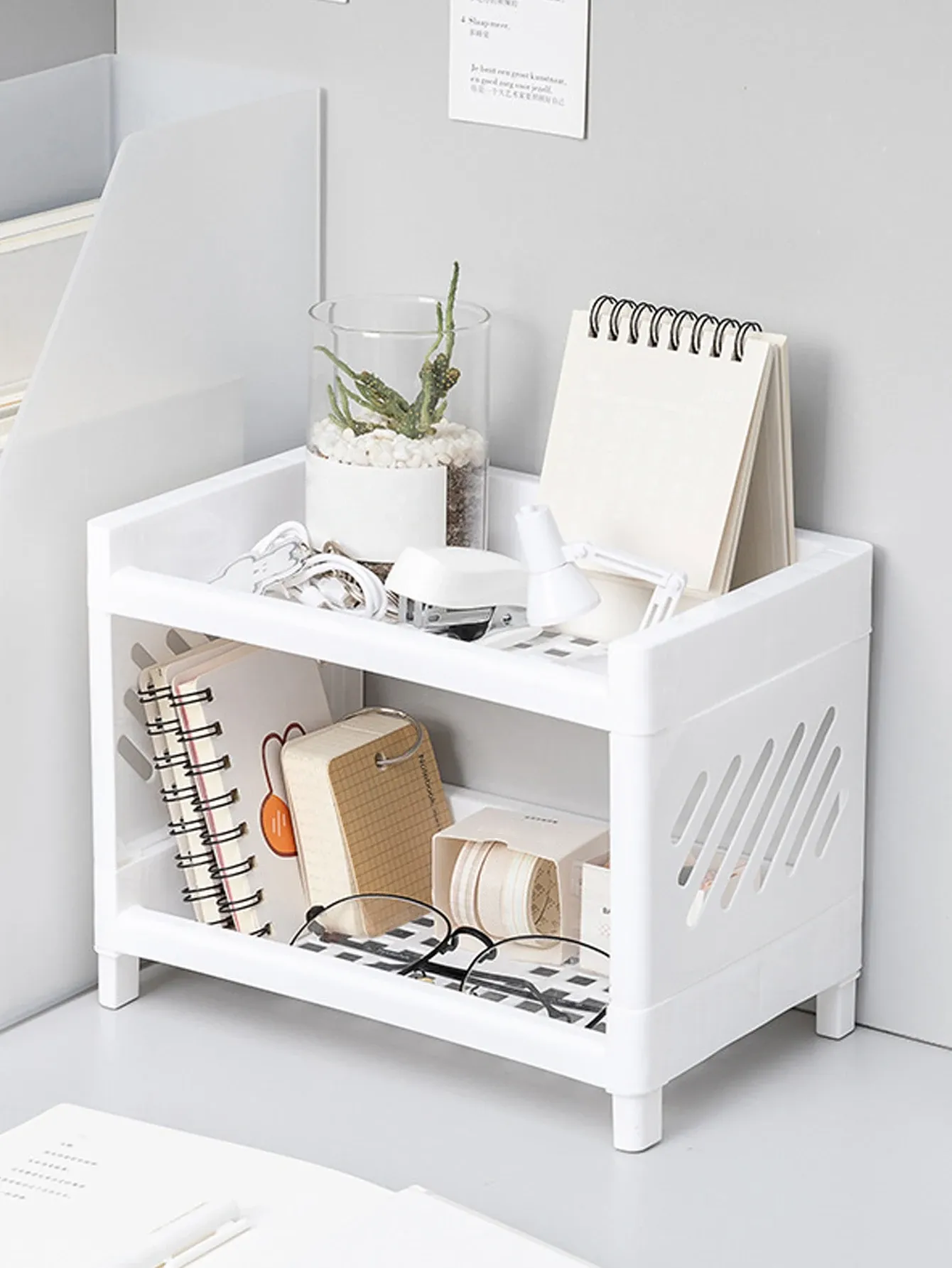 Organisateur de bureau rectangulaire à double niveau en PP, blanc, 1 pièce, pour étudiants, rangement de papeterie et cosmétiques 7