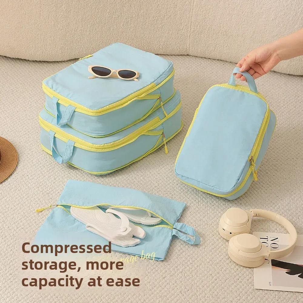 Cubes de rangement Taslan jaunes, lot de quatre pièces, organisateurs de bagages à compression avec pochette à chaussures pour voyages en cabine et vacances 3