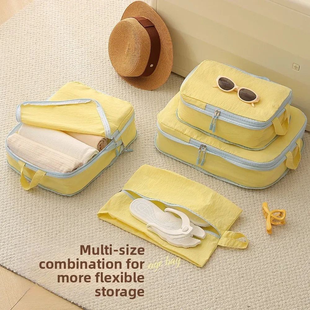 Cubes de rangement Taslan jaunes, lot de quatre pièces, organisateurs de bagages à compression avec pochette à chaussures pour voyages en cabine et vacances 5