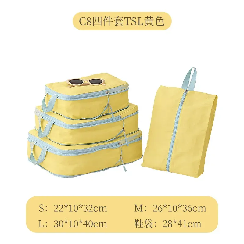 Cubes de rangement Taslan jaunes, lot de quatre pièces, organisateurs de bagages à compression avec pochette à chaussures pour voyages en cabine et vacances 7