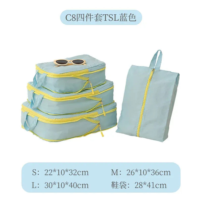 Cubes de rangement Taslan jaunes, lot de quatre pièces, organisateurs de bagages à compression avec pochette à chaussures pour voyages en cabine et vacances 8