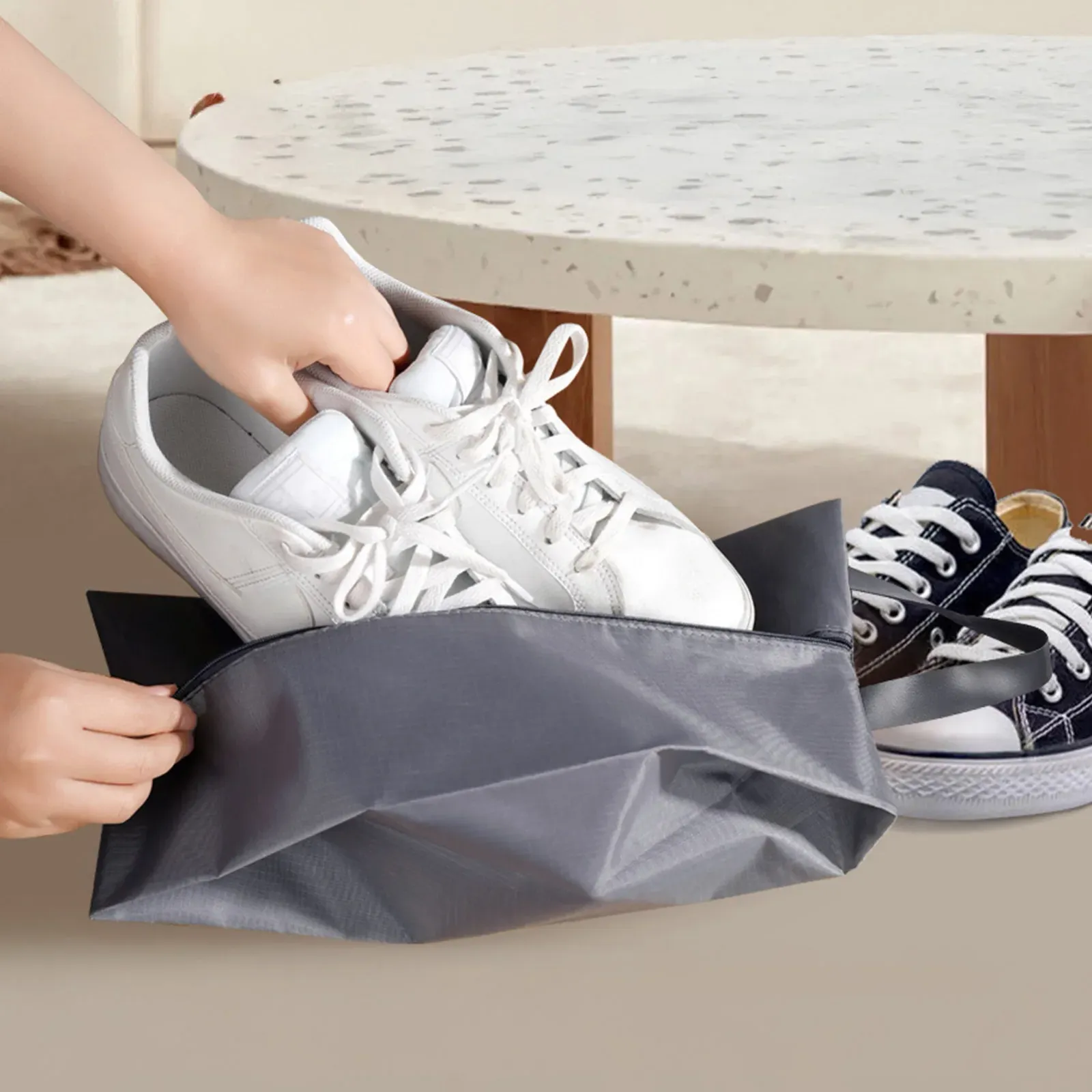 Sac de voyage pour chaussures, détail du tissu et de la finition