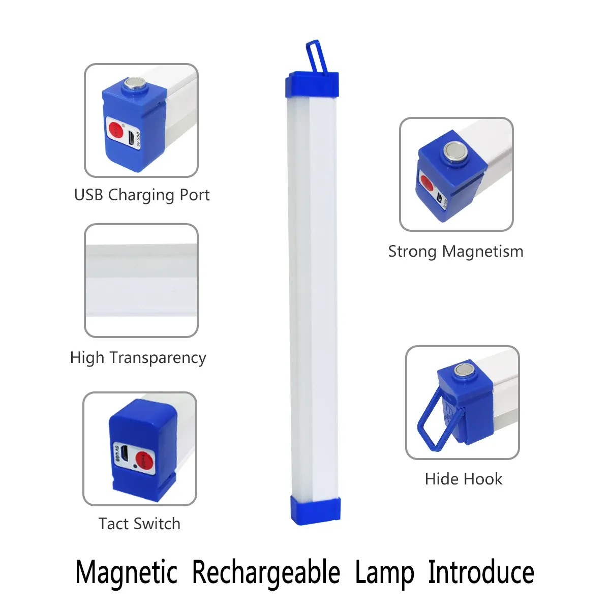 Tube LED rechargeable USB 5 V avec fonction secours et base magnétique, éclairage portable pour camping et extérieur 3
