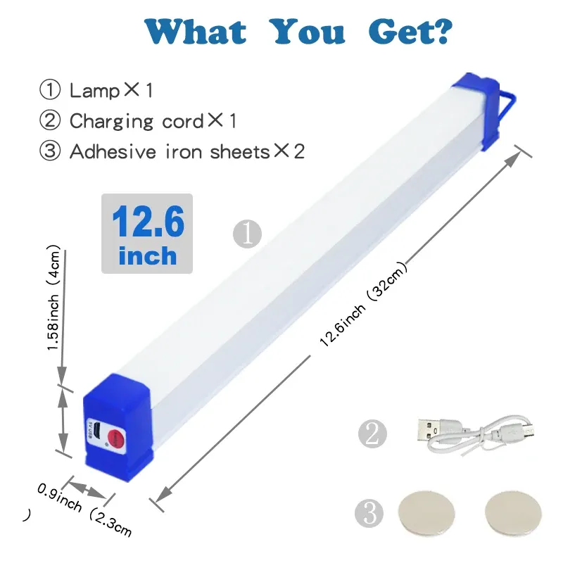 Tube LED rechargeable USB 5 V avec fonction secours et base magnétique, éclairage portable pour camping et extérieur 5