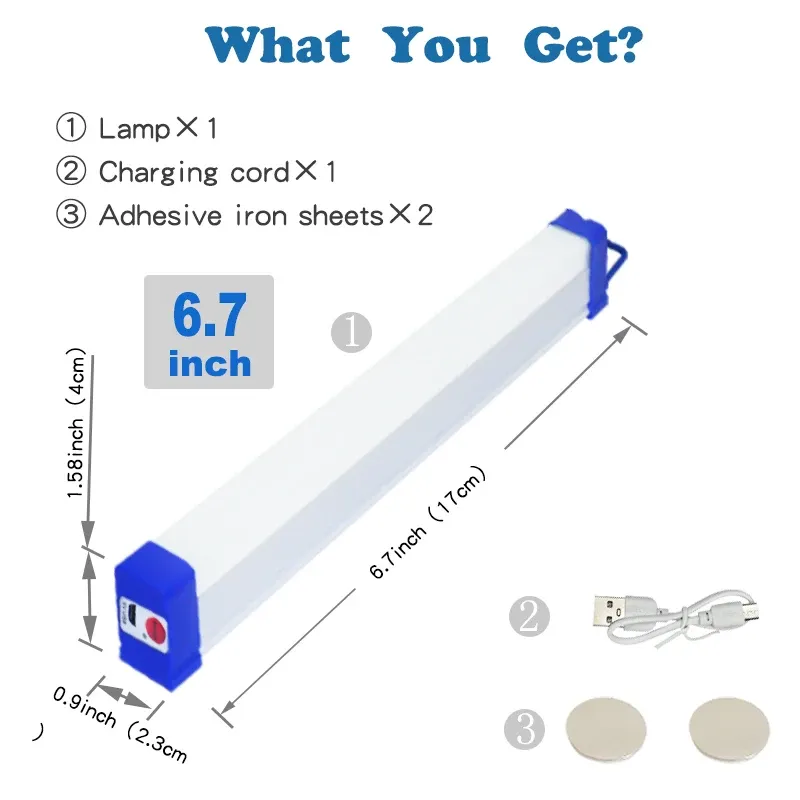 Tube LED rechargeable USB 5 V avec fonction secours et base magnétique, éclairage portable pour camping et extérieur 8