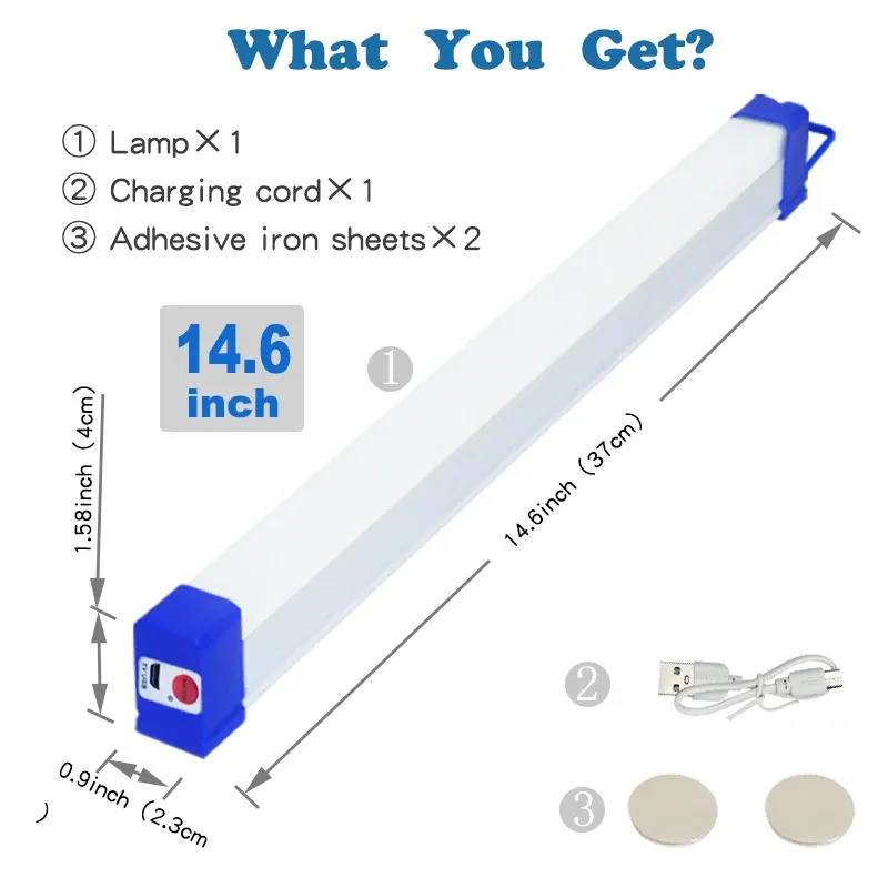 Tube LED rechargeable USB 5 V avec fonction secours et base magnétique, éclairage portable pour camping et extérieur 7