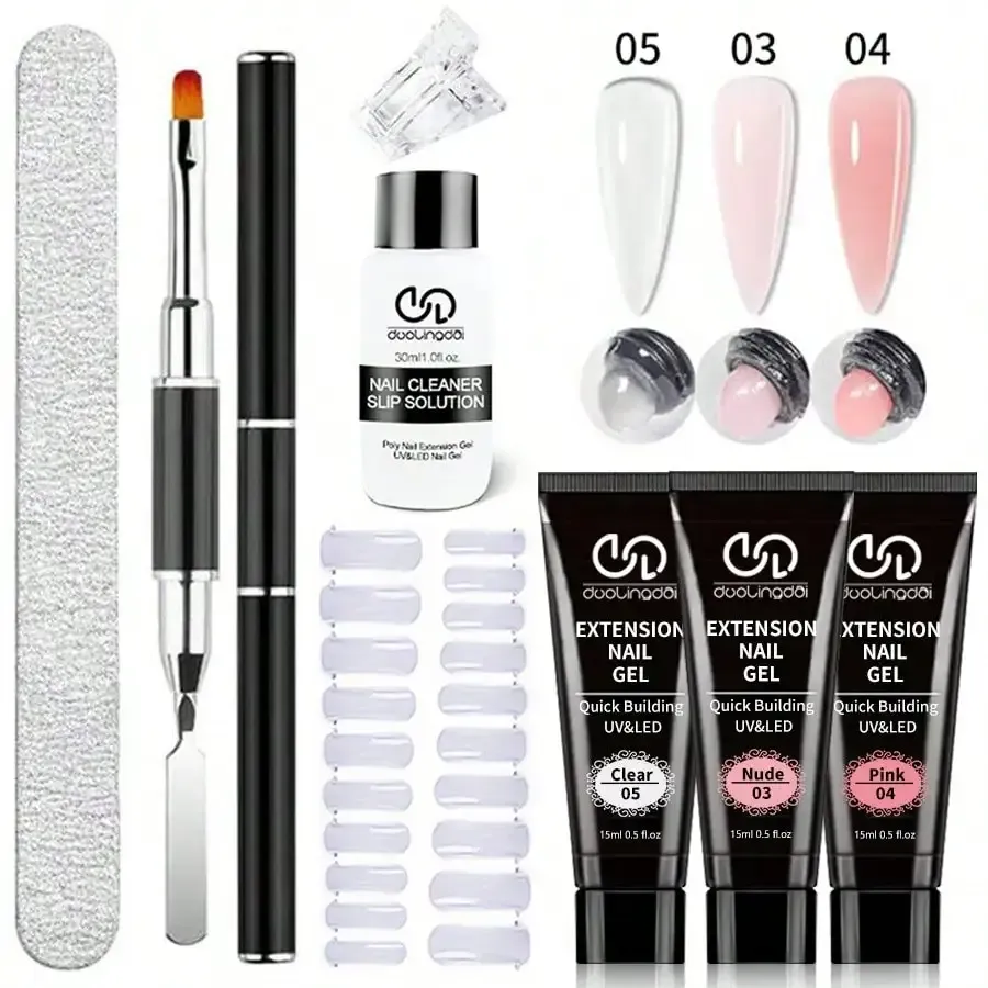 8 pièces Kit de Gel Poly Extension, ensemble Polygel clair et blanc pour Nail Art, gel UV, pointes et formes acryliques, avec pinceau - Image 1