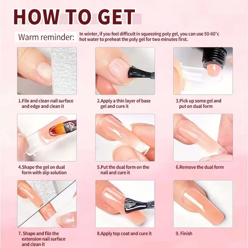 8 pièces Kit de Gel Poly Extension, ensemble Polygel clair et blanc pour Nail Art, gel UV, pointes et formes acryliques, avec pinceau 6
