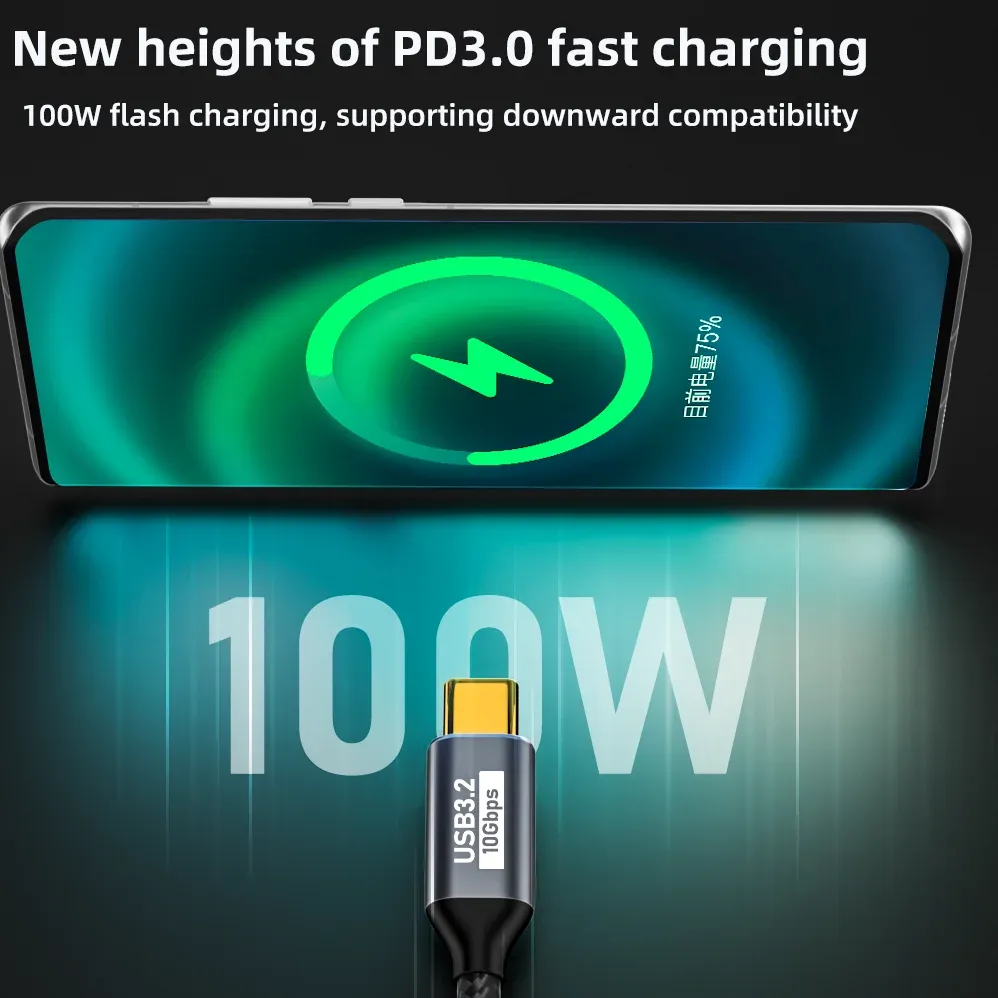 Câble USB-C 3.2 Gen 2 10 Gbps, 5 A, 100 W, USB-C vers USB-C, 4K, 60 Hz, charge rapide QC 4.0 / 3.0, compatible MacBook Pro, Samsung, Xiaomi 3