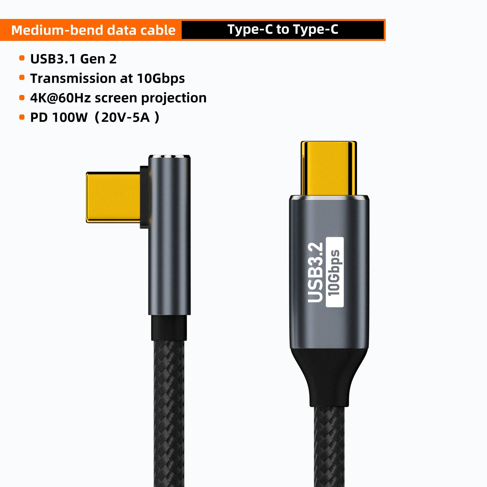 Câble USB-C 3.2 Gen 2 10 Gbps, 5 A, 100 W, USB-C vers USB-C, 4K, 60 Hz, charge rapide QC 4.0 / 3.0, compatible MacBook Pro, Samsung, Xiaomi 6