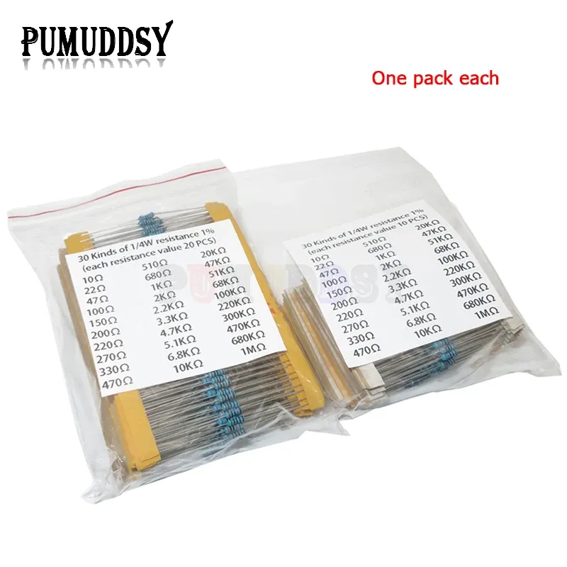 Kit de résistances à couche métallique 1/4 W, tolérance 1 %, 30 valeurs assorties, 600 pièces 3
