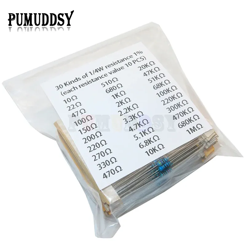 Kit de résistances à couche métallique 1/4 W, tolérance 1 %, 30 valeurs assorties, 600 pièces 2