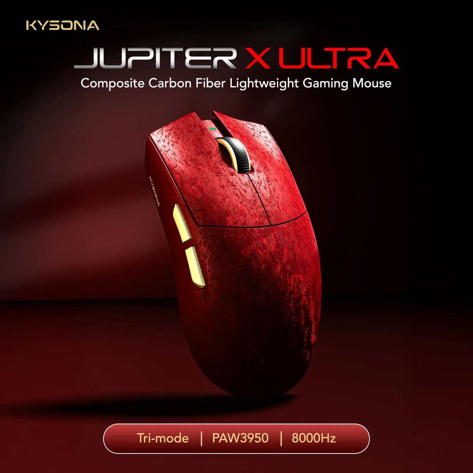 Souris de jeu sans fil KYSONA Jupiter X Ultra, capteur PAW3950, 8000 Hz, fibre de carbone, tri-mode, 61 g, ergonomique, switchs Omron 70M