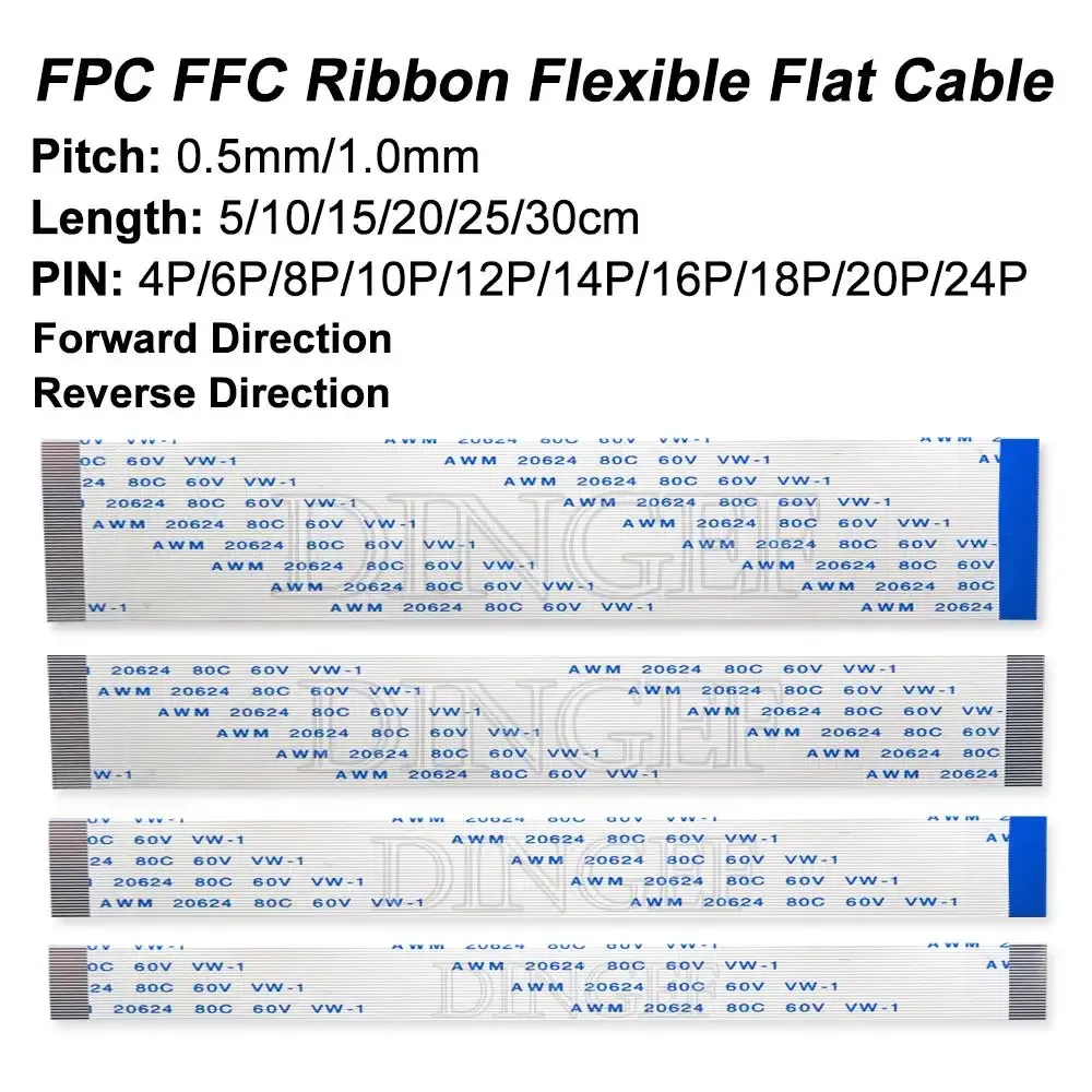 Câble plat flexible FPC/FFC, lot de 10, 4 à 20 broches, pas 0,5 mm et 1,0 mm, type A et B, longueurs 5 cm, 10 cm, 20 cm et 30 cm