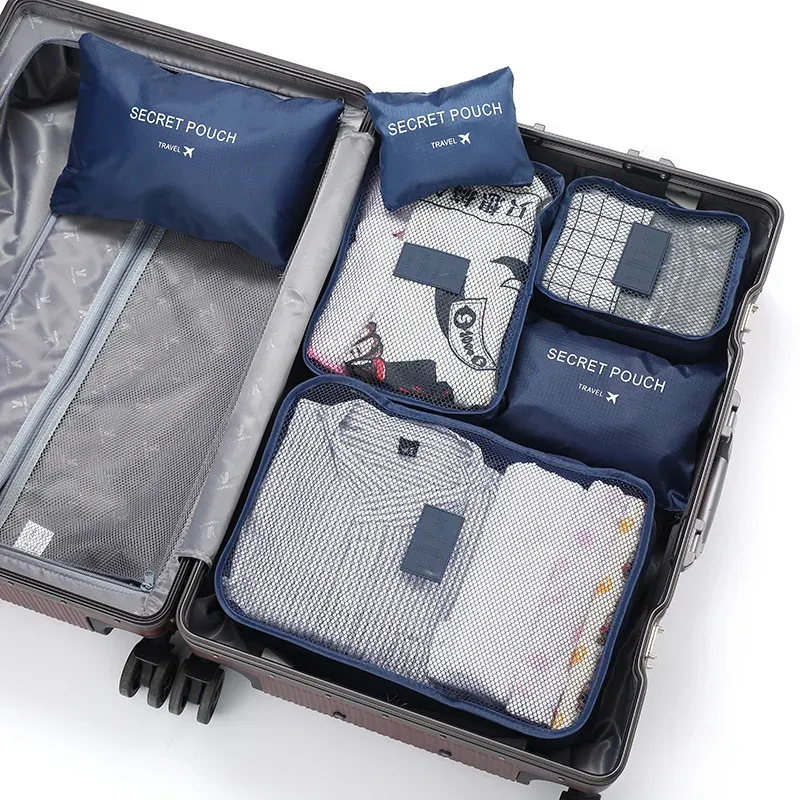 Ensemble de sacs de rangement pour vêtements de voyage, 6 pièces, organisateur de bagages portable, cubes d'emballage pour valise avec pochette à chaussures 9