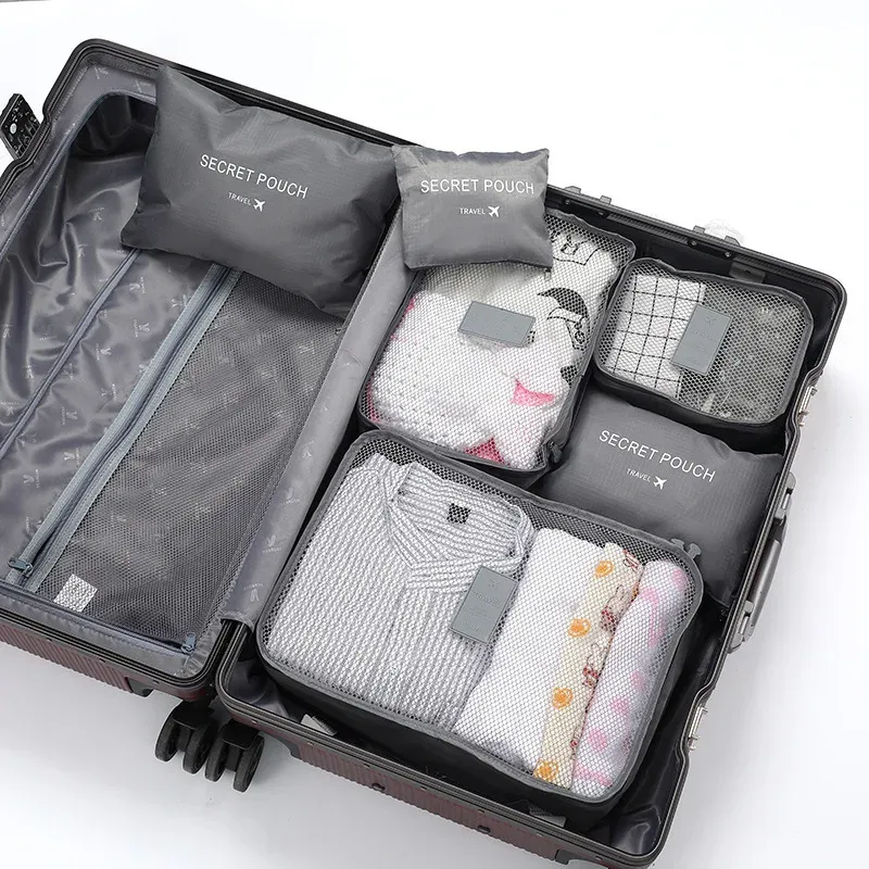 Ensemble de sacs de rangement pour vêtements de voyage, 6 pièces, organisateur de bagages portable, cubes d'emballage pour valise avec pochette à chaussures 7