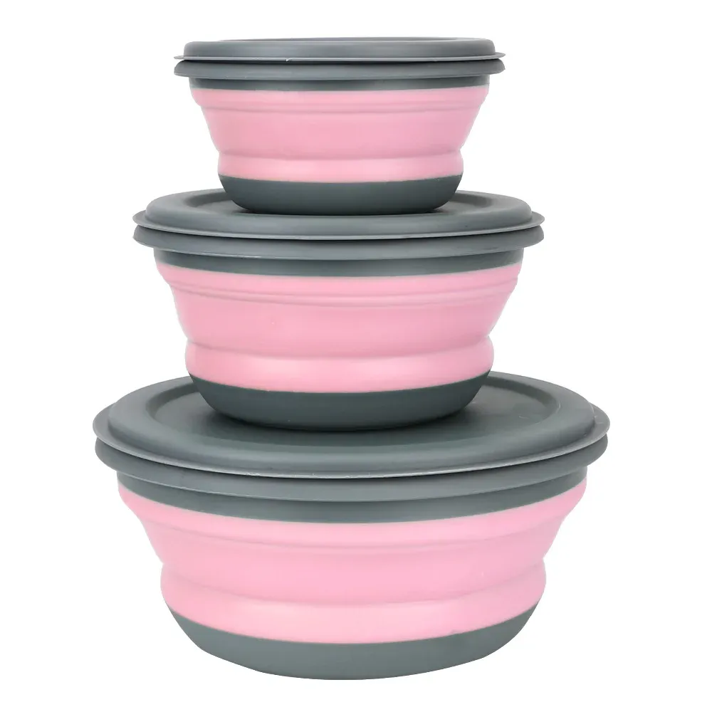 Ensemble de boîtes à déjeuner pliables en silicone, 3 pièces, avec couvercles, bols à salade pliables portables 9